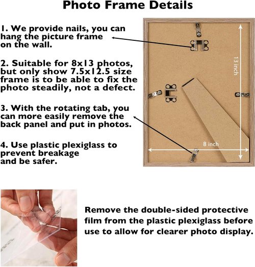 JCJMY 8x13 Rustic Brown Picture Frame - Versatile Wall Mounting & Tabletop Display with Shatter-Resistant Plexiglass