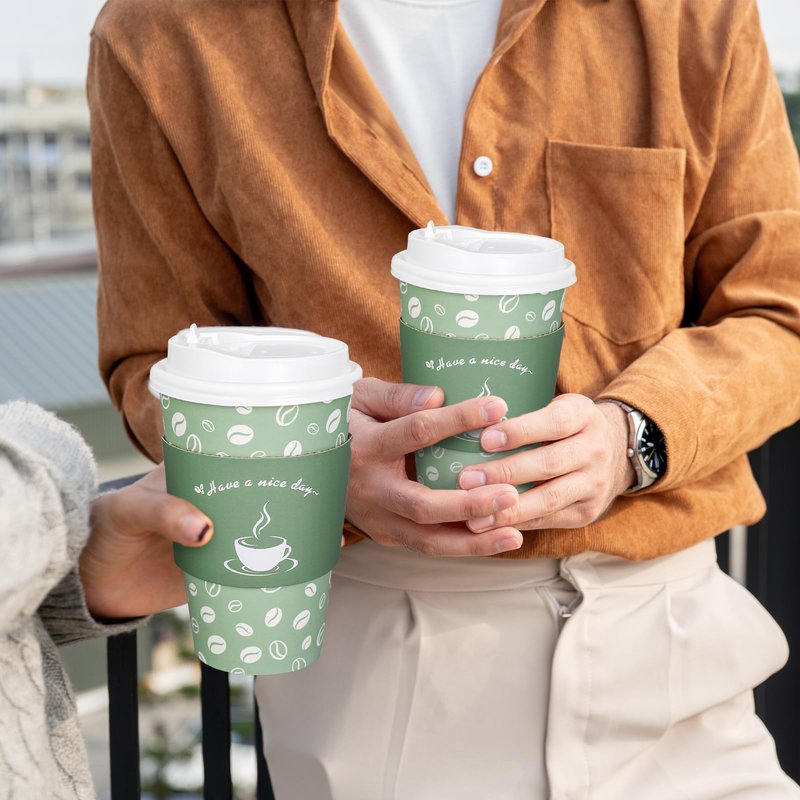 Whaline 100 Pack Disposable Coffee Cups with Lids and Sleeves 16oz Sage Green Thickened Leak-Proof Paper Cups To Go Coffee Cups for Hot Cold Drink Cafes Shops Cappuccino Chocolate Beverage Cocoa