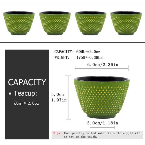 SECHUDO Japanese Cast Iron Tea Cups, Small and Heavy Teacups with no Handles, Japanese Style Cup for Adults, Asian Teacups, Coated with Enameled Interior, 4 Pcs/Box (Green, 2oz/60ml)