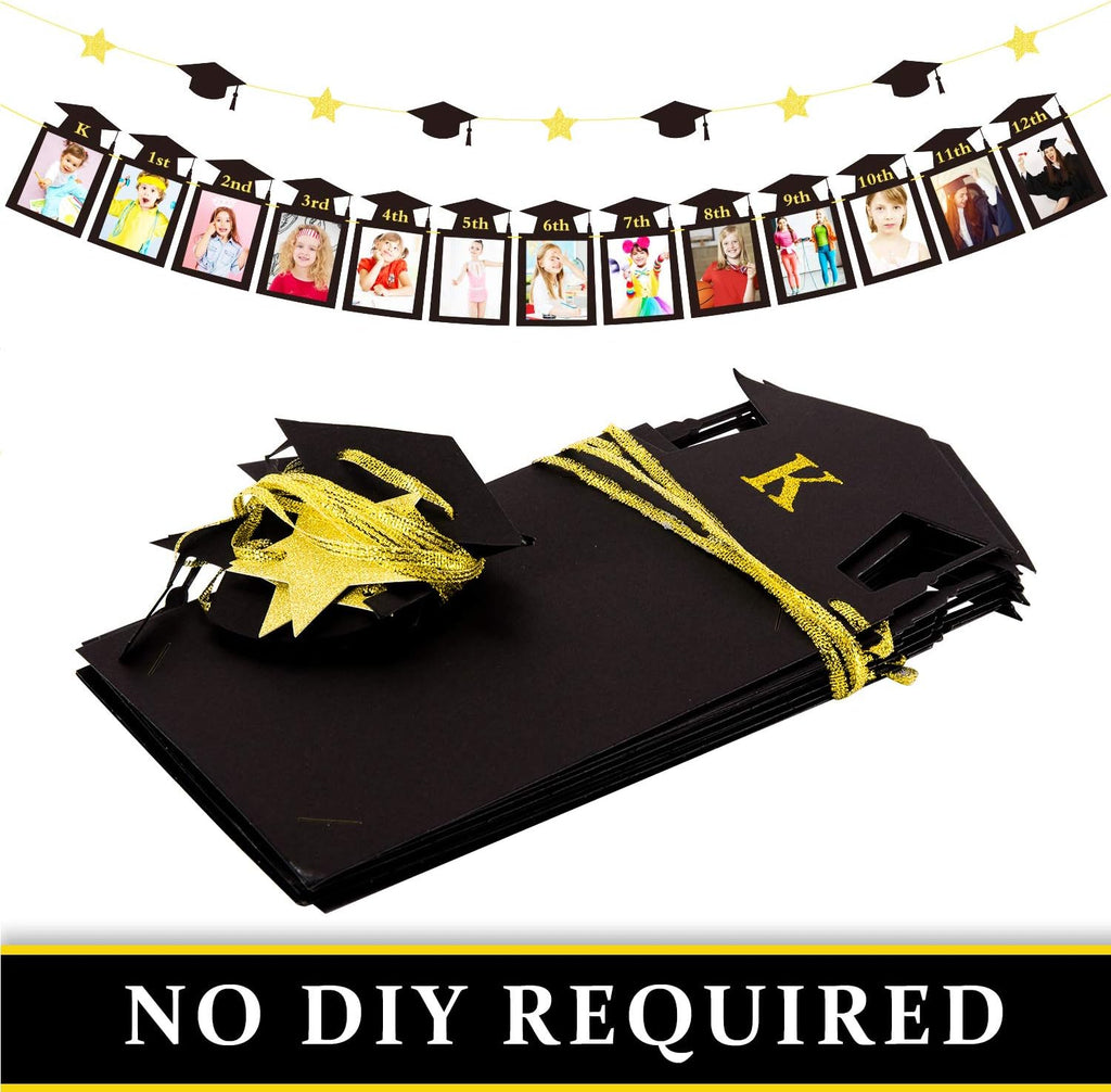 Whaline Graduation Photo Banner - No DIY Required | Black Gold Glitter Bunting for K-12 Decor, 5 x 7 Inch