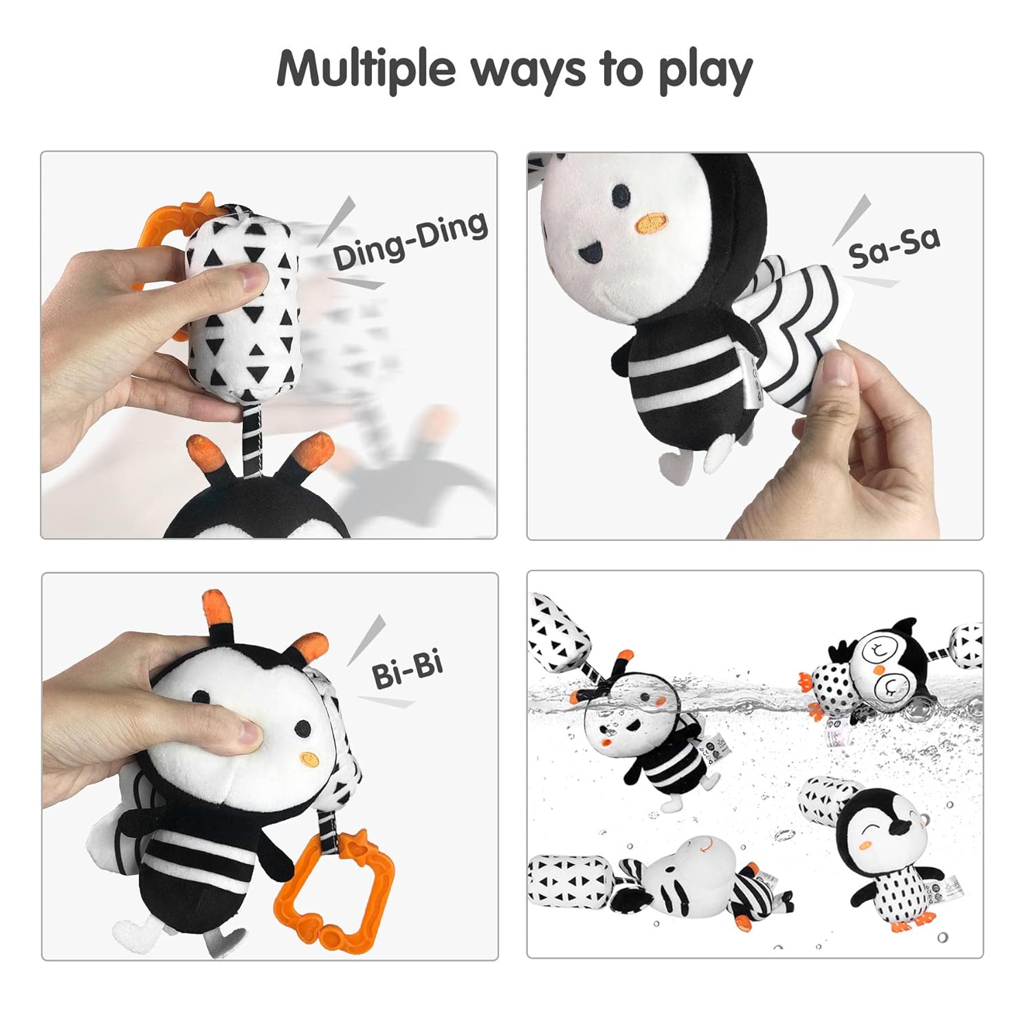 TUMAMA Plush Baby Toys - Black and White Hanging Rattles for Newborns | 4-Pack for Boys & Girls