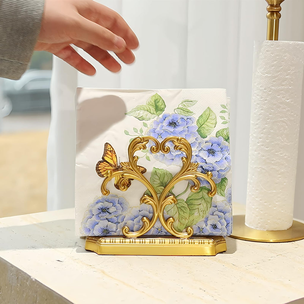 1 Gold Napkin Holder and 50 PCS Hydrangea Paper Napkins,Brass Napkin Holder,Classic combination and matching,Modern Dining Table Decor, Home Decor