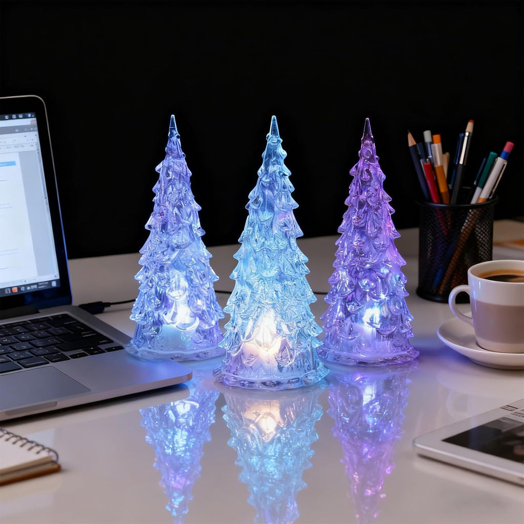 Skiennix Acrylic Christmas Tree Lamp - Enchanted 7-Color Changing Lights | Mini 5 x 2 Inch Table Decor (3 Pack)