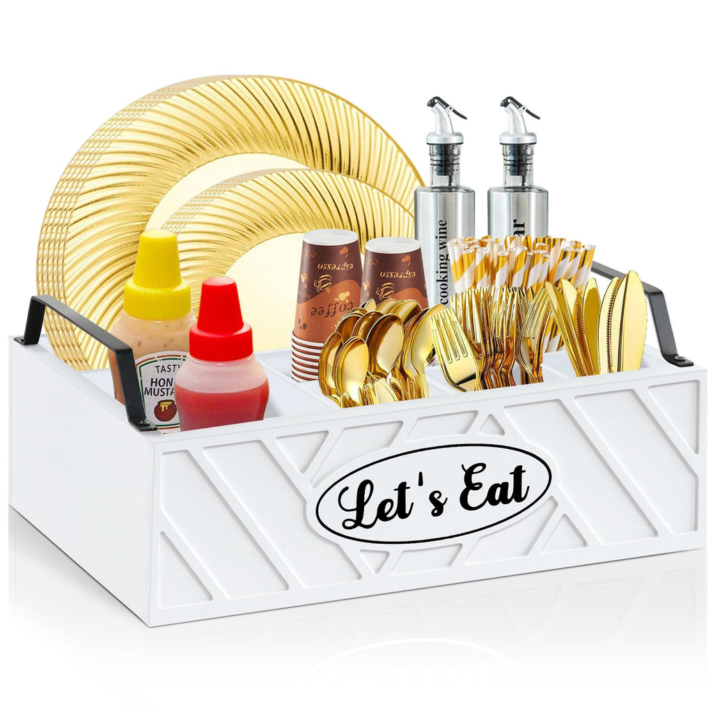 VOOTTOU Paper Plate Dispenser, Wood Paper Plate Holder with Handle for Kitchen Counter, Silverware Caddy for Cups, Spoons, Forks, Plates, Napkins, Utensil Holder for Party Camping Buffet (White)