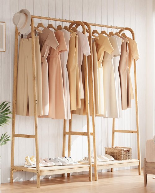 Clothing Rack with Storage Shelf, Bamboo Freestanding Garment Rack for Bedroom, Balcony, Clothes Store, Clothing Storage Organizer, Heavy Duty Clothes Rack for Hanging Clothes, Coats, Skirts, Shoes