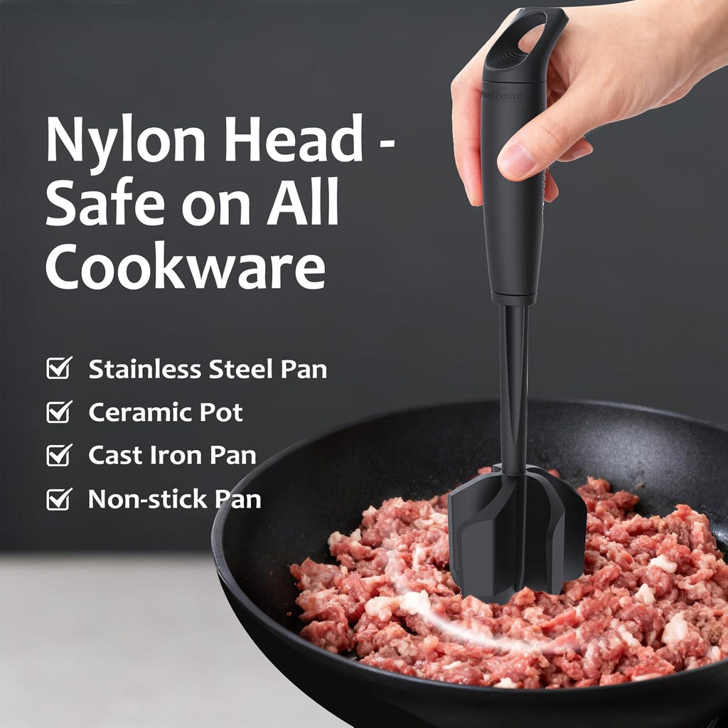 Ourokhome Meat Chopper - Heat Resistant Nylon Potato Masher with 5 Curved Blades | Nonstick Kitchen Tool, Black