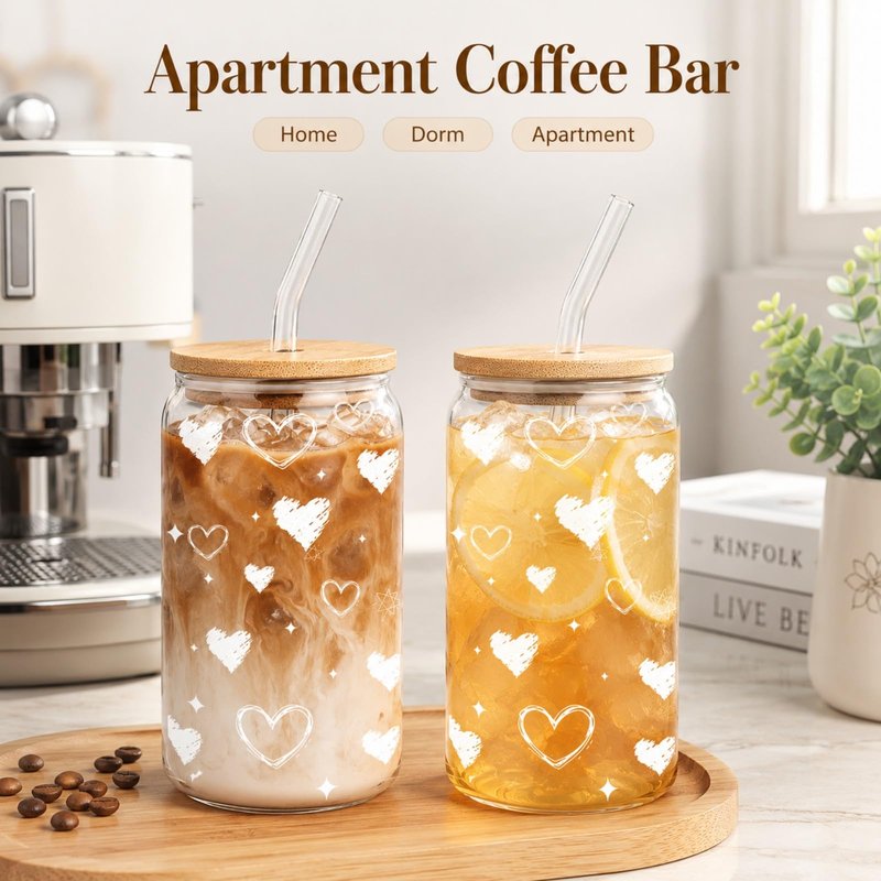 DAMCONME Glass Cups with Lids and Straws, 2 Pack Heart Glass Cups, 16 oz Borosilicate Iced Coffee Cups, Matching Drinkware for Best Friends, Couples, Birthday and Anniversary