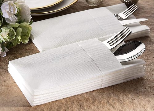 UKEENOR Disposable Dinner Napkins Cloth Like with Built-in Flatware Pocket,Wedding Party Linen Feel White Napkin, Prefolded for Silverware,15.74"x15.74" Pack of 50