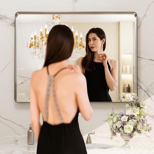 LOAAO Brushed Nickel Bathroom Mirror - 40x32 Inch Rounded Rectangle Design | Anti-Rust & Shatter-Proof