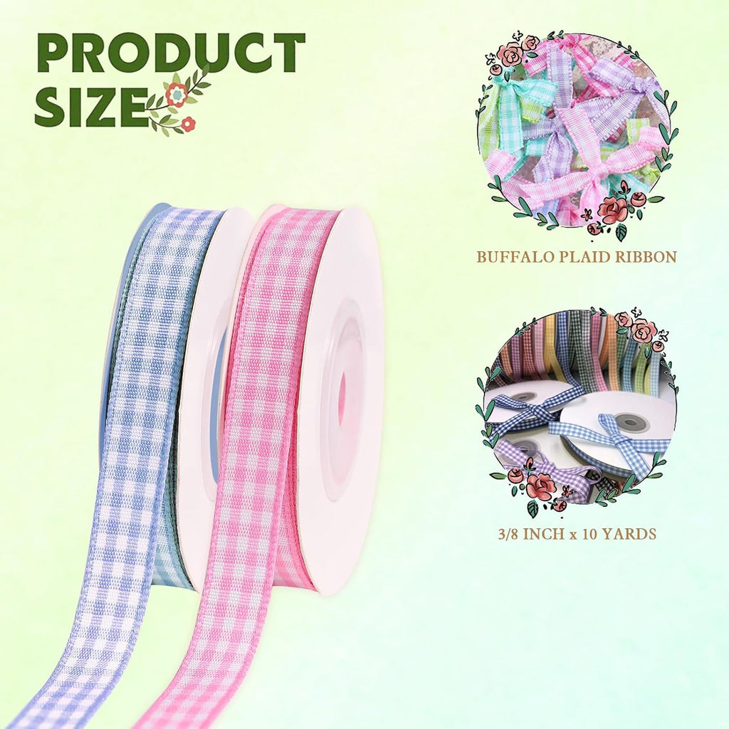 Skiennix Spring Gingham Ribbon - Thin Checkered Polyester for Gift Wrapping & Crafts | Pink/Blue, 10 Yds x 3/8 in, Total 120 Ft