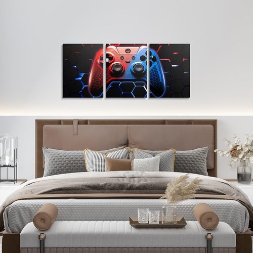 Manfei Games Canvas Wall Art - Set of 3 Honeycomb Gamepad Prints | Red & Blue Gamer Decor for Kids' Rooms