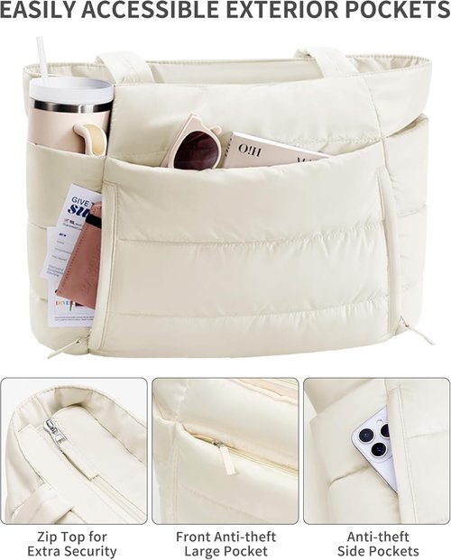 Bagstellar Puffer Tote Bag - Lightweight Quilted Handbag for Work & Travel | 15.6" Laptop & Tumbler Holder