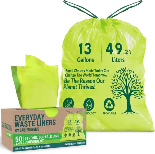 Biodegradable 13-Gallon Kitchen Waste Bags - Strong Heavy-Duty Drawstring Trash Bags | Eco-Friendly 50-Pack