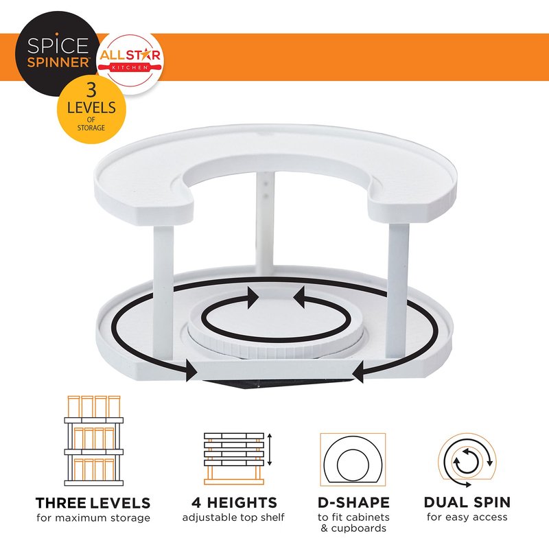 Allstar Innovations Spice Spinner Three-Tiered Spice Organizer & Holder That Saves Space, Keeps Everything Neat, Organized & Within Reach With Dual Spin Turntables White- 3 Tier