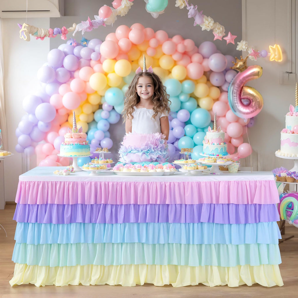 9ft Rainbow Tutu Tulle Table Skirt for Rectangle Round Tables Chiffon Table Cloth for Birthday Party Decorations Baby Shower Parties Ruffle Table Skirting
