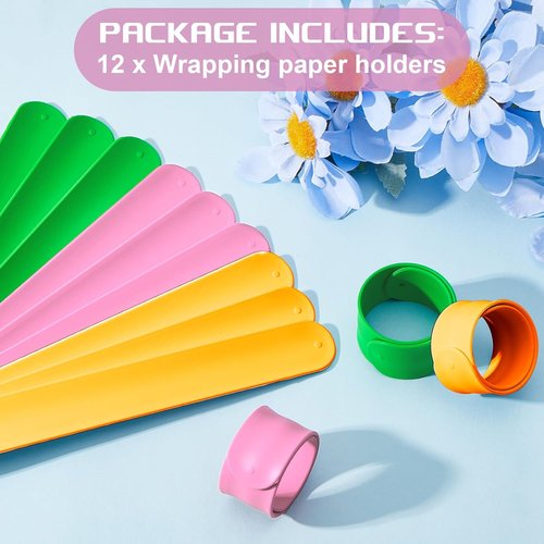 Charniol Wrapping Paper Roll Holder - 12-Piece Silicone Covered Metal Strips for Organized Gift Storage | 1 x 9 Inch (Green, Yellow, Pink)