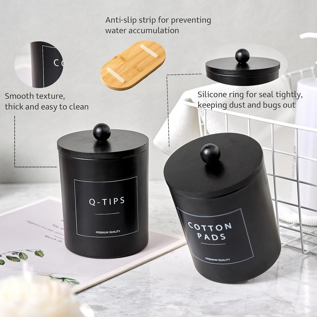 Skiennix Glass Qtip Holder - Elegant Black Cotton Round Dispenser with Bamboo Tray | Set of 3