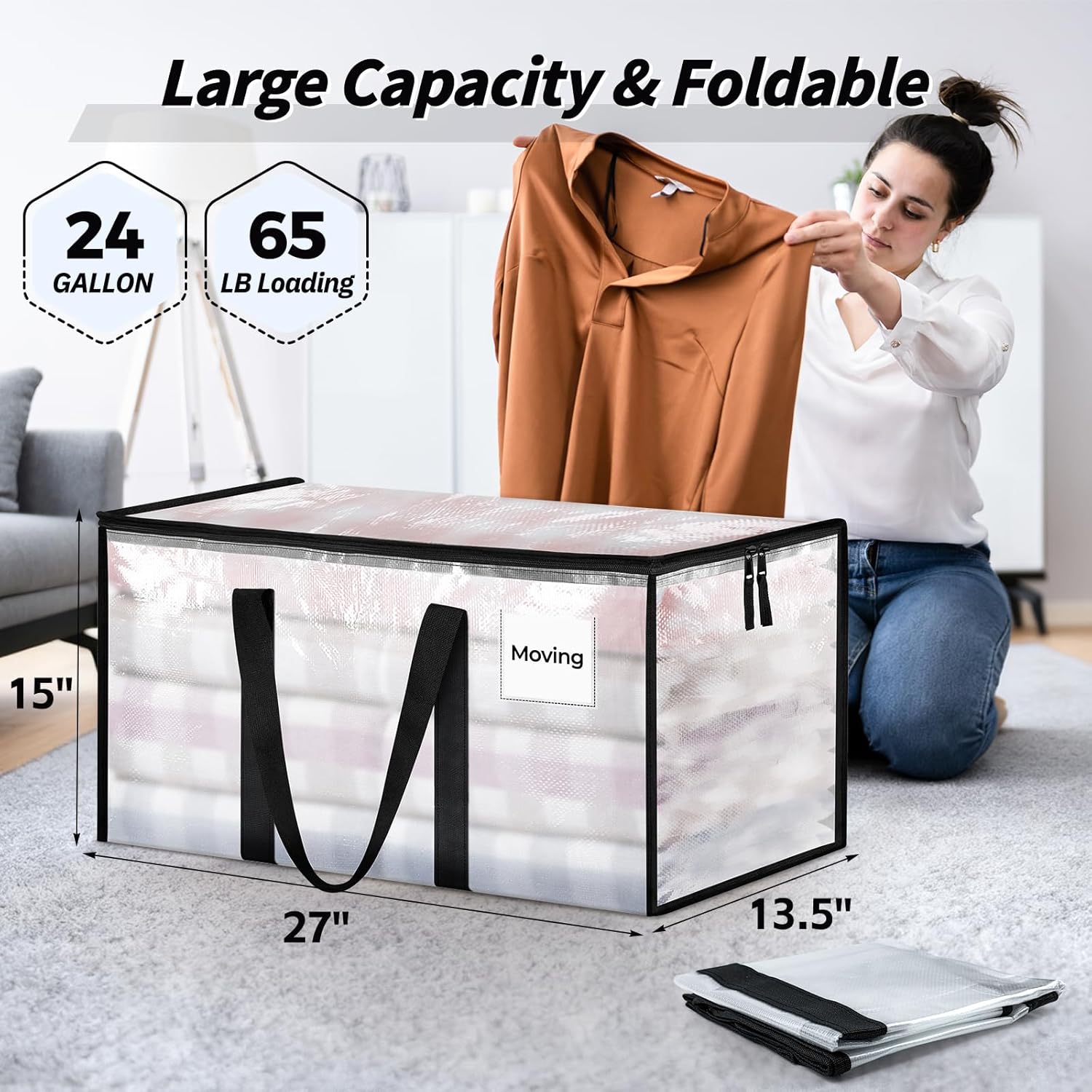 Skiennix 16 Pack Extra Large Heavy Duty Moving Bags - Clear Storage Totes with Reinforced Handles & Zippers