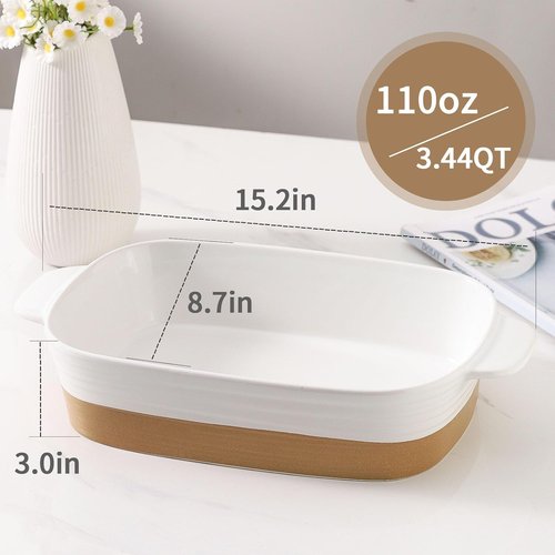 Hasense Ceramic Baking Dish - Non-Stick 11.8x8.7 Lasagna Pan with Handle | 3.4 Qt White Bakeware