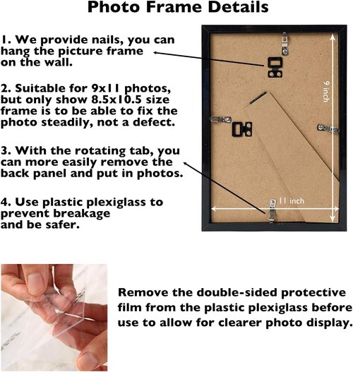 JCJMY 9x11 Picture Frame - Black Wall Mount & Tabletop Display with Shatter-Resistant Plexiglass