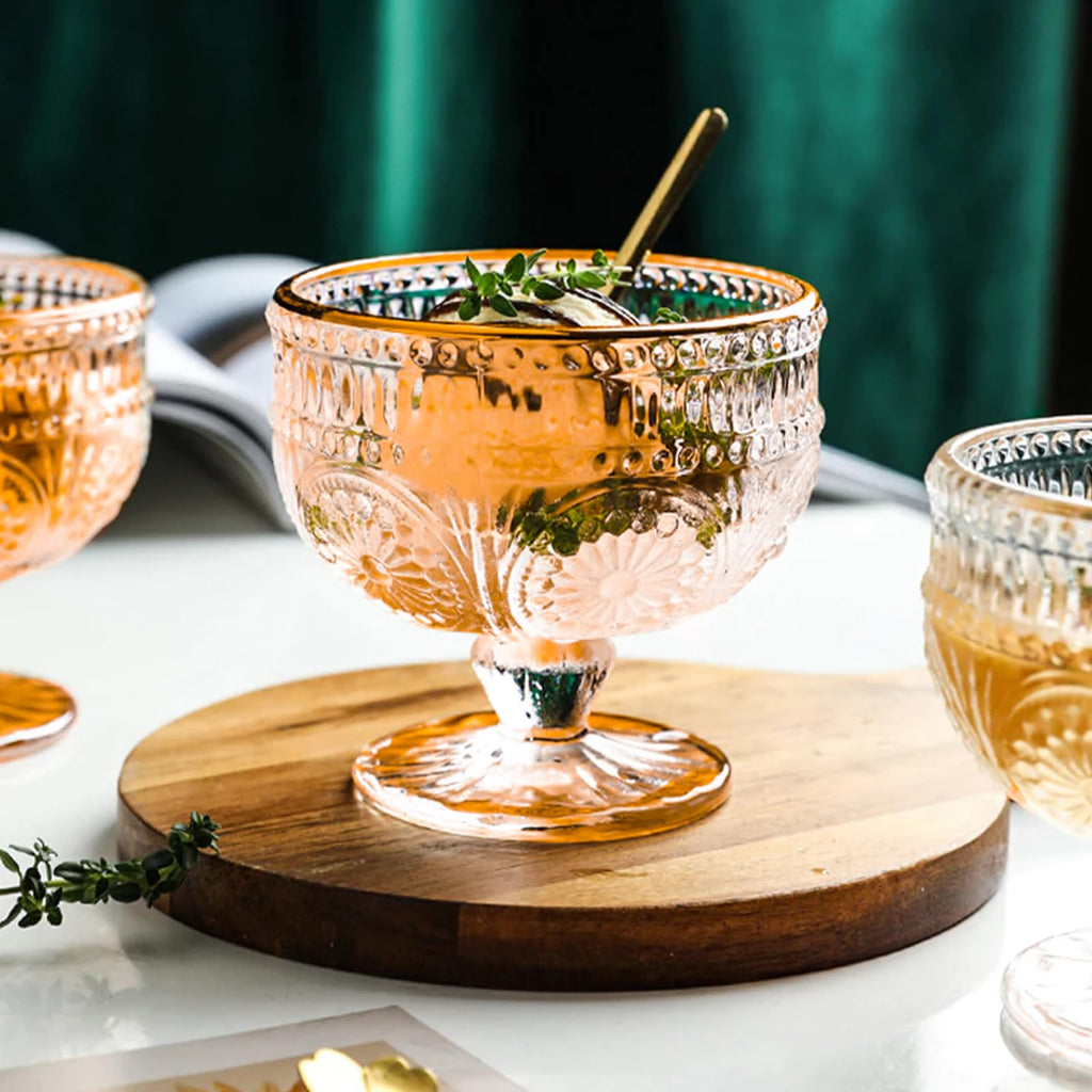 ABuff 4 Pack Glass Ice Cream Bowls, 10 oz Vintage Glass Dessert Bowls Set with Footed Sundae Cups Ice Cream Cups for Dessert, Trifle, Fruit, Salad, Snack