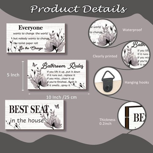 DonfenthY Bathroom Decor - Rustic Black Wall Art Set | 3 Pcs Farmhouse Bathroom Rules Signs, 10x5 Inch