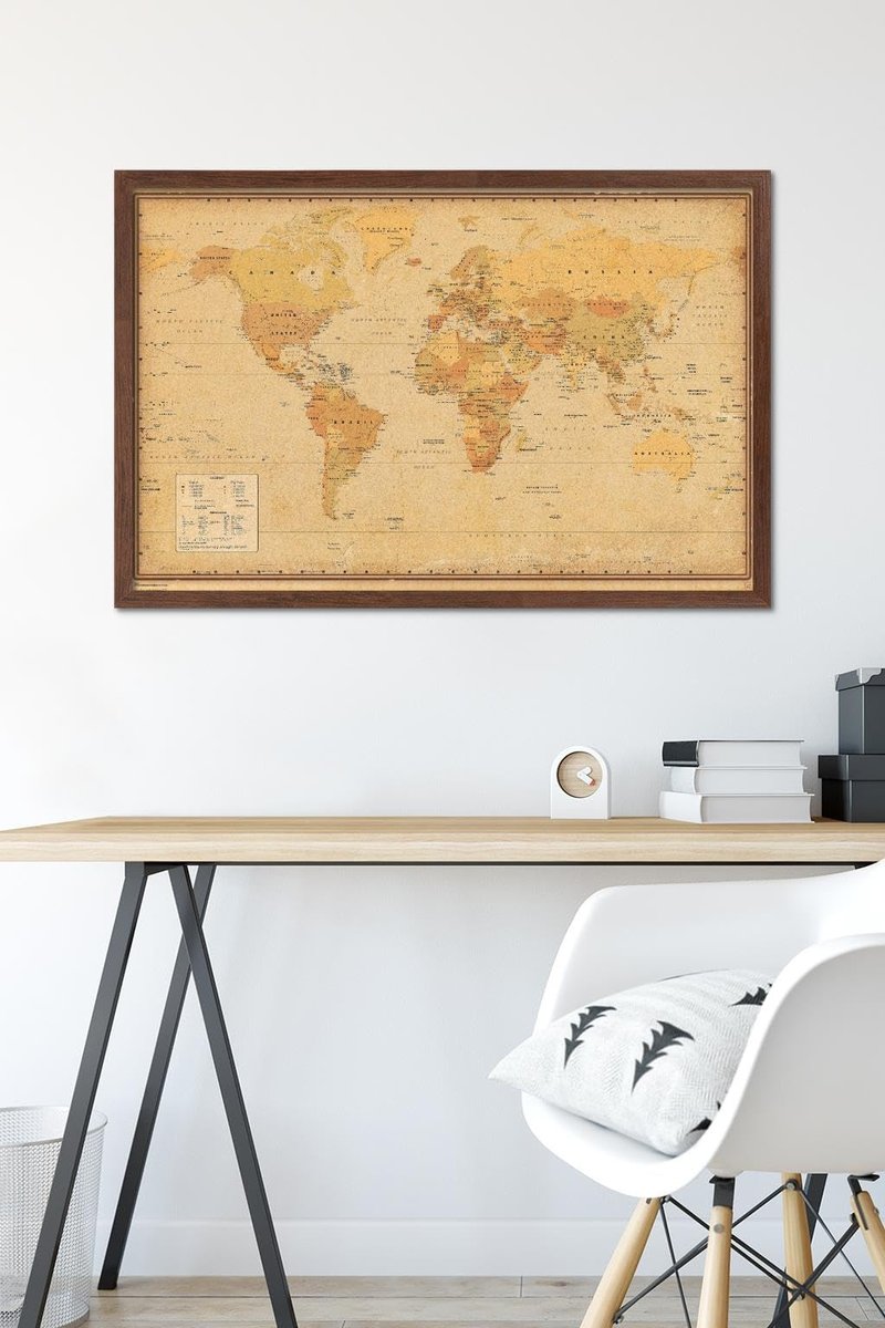 Antique World Map 2024 Wall Poster, 34L" x 22.4W", Mahogany Framed Version
