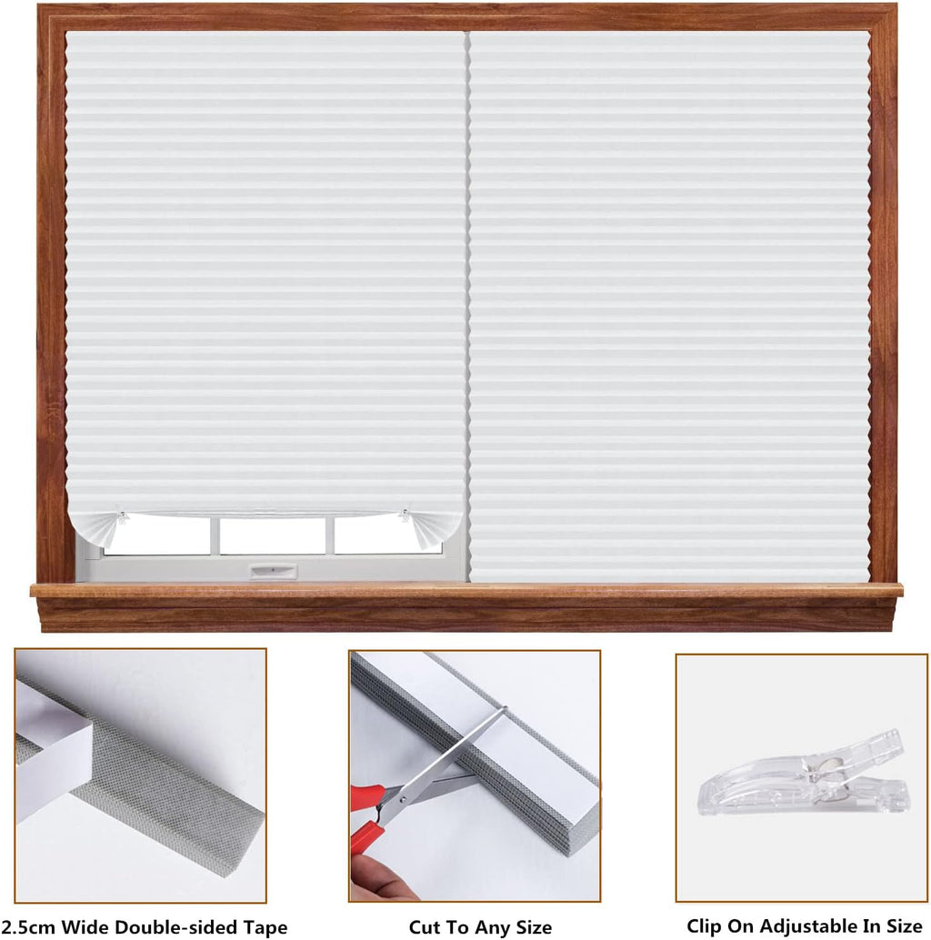 Skiennix Cordless Window Blinds - No Drill, Clip-On, Self-Adhesive Pleated Paper Shades for Home & Nursery