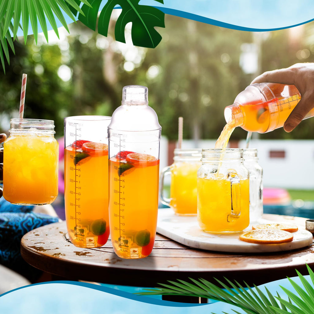 Lallisa 4 Pcs Plastic Cocktail Shaker Hand Drink Mixer Bubble Tea Shaker with Scales and Strainer Top Clear Cup with Measurements Mixing Tool for Tea Coffee Milk(1000 Cc/ 34 oz)