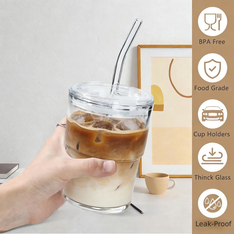Icesip 15 oz Iced Coffee Cup Set of 6, Matcha Glass Tumbler with Straw and Lid Reusable Clear Thick Wall Matcha Cups for Tea Smoothie Tea Soda Juice Cup
