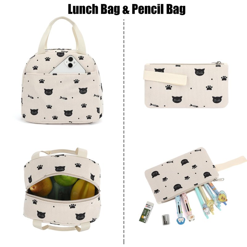 Xunteny Corduroy School Backpack for Girls Boys, Kids Teens School Bookbags Schoolbag Set with Lunch Box Pencil Bag (Cat)