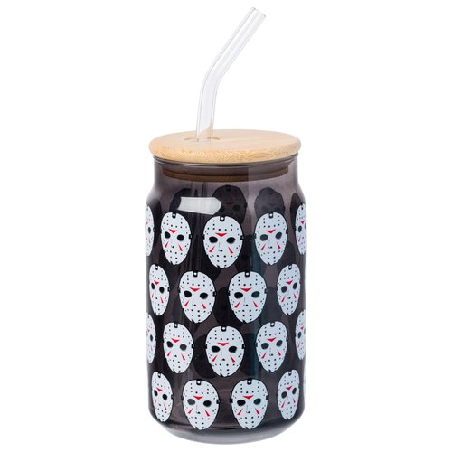 Silver Buffalo Friday the 13th Featuring Jason Vorhees Glass Jar Tumbler with Bamboo Lid and Glass Straw, 16 Ounces