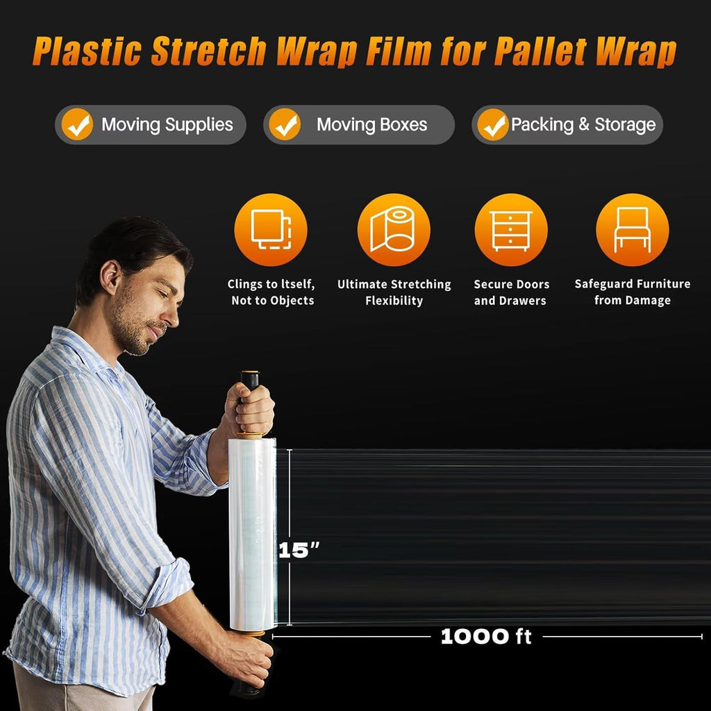 Skiennix Stretch Film Shrink Wrap - Industrial Strength Plastic Wrap for Moving Supplies | 15 Inch, 1000ft, 2 Pack