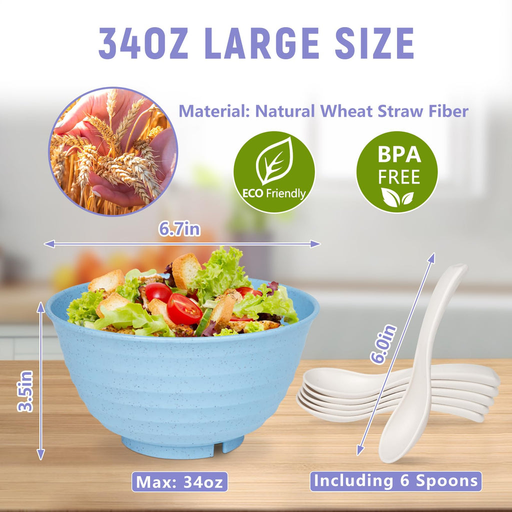 ZENGABIA Cereal Bowls, 34 Oz Large Wheat Straw Dinnerware Sets of 6 with Spoon, Unbreakable Plastic Soup Bowls Reusable Microwave Dishwasher Safe for Salad Noodle Kitchen Breakfast, Multicolor