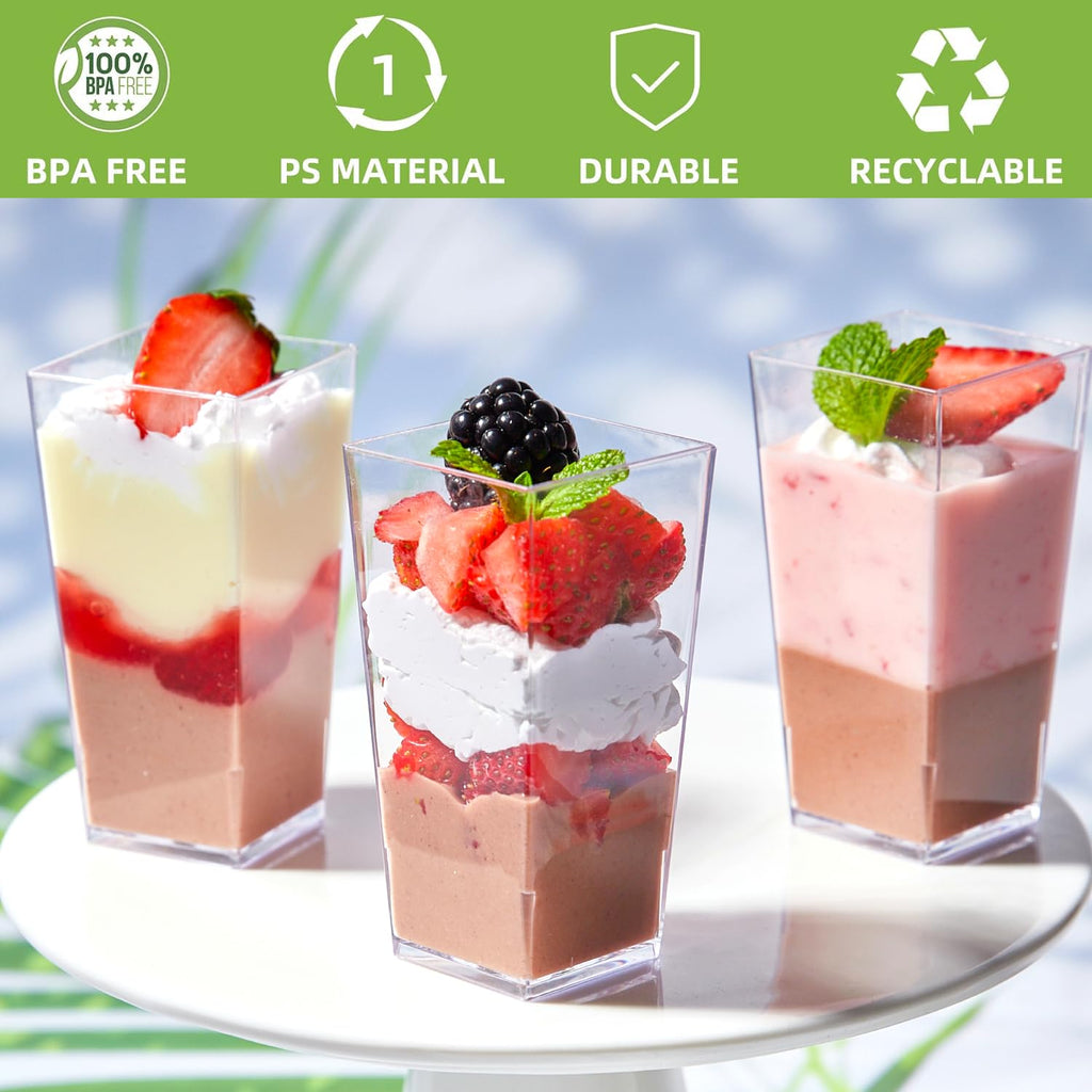 Zezzxu 3 oz Square Mini Dessert Cups with Spoons - 50 Pack Plastic Pudding & Parfait Cups Party Dessert Shooters for Serving Trifle Mousse Cake Appetizers