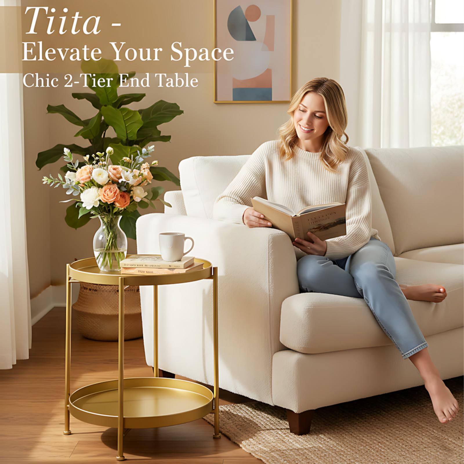 Tiita 2 Pack Round End Table Mental Side Table Nightstand/Small Wood Tables Accent Coffee Table with Wooden Tray for Living Room Bedroom Office Small Space