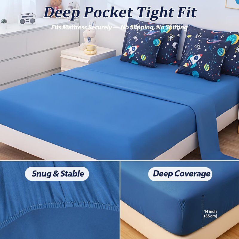 BQH Boys Twin Size Space Bedding Set - 7 Piece Rocket & Galaxy Comforter with Deep-Pocket Sheet, Whole-Piece Filling, Machine Washable Bed-in-a-Bag for Kids' Room Makeover & Gifts