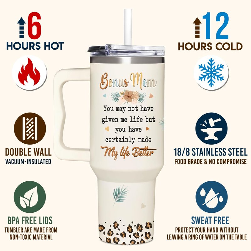 AT2Z GLOBAL Bonus Mom Gifts - Stepmom Gift - Gifts For Step Mother - Bonus Mom Mothers Day, Christmas, Birthday Gift Ideas - Bonus Mother Cup Tumbler 40 Oz with Handle