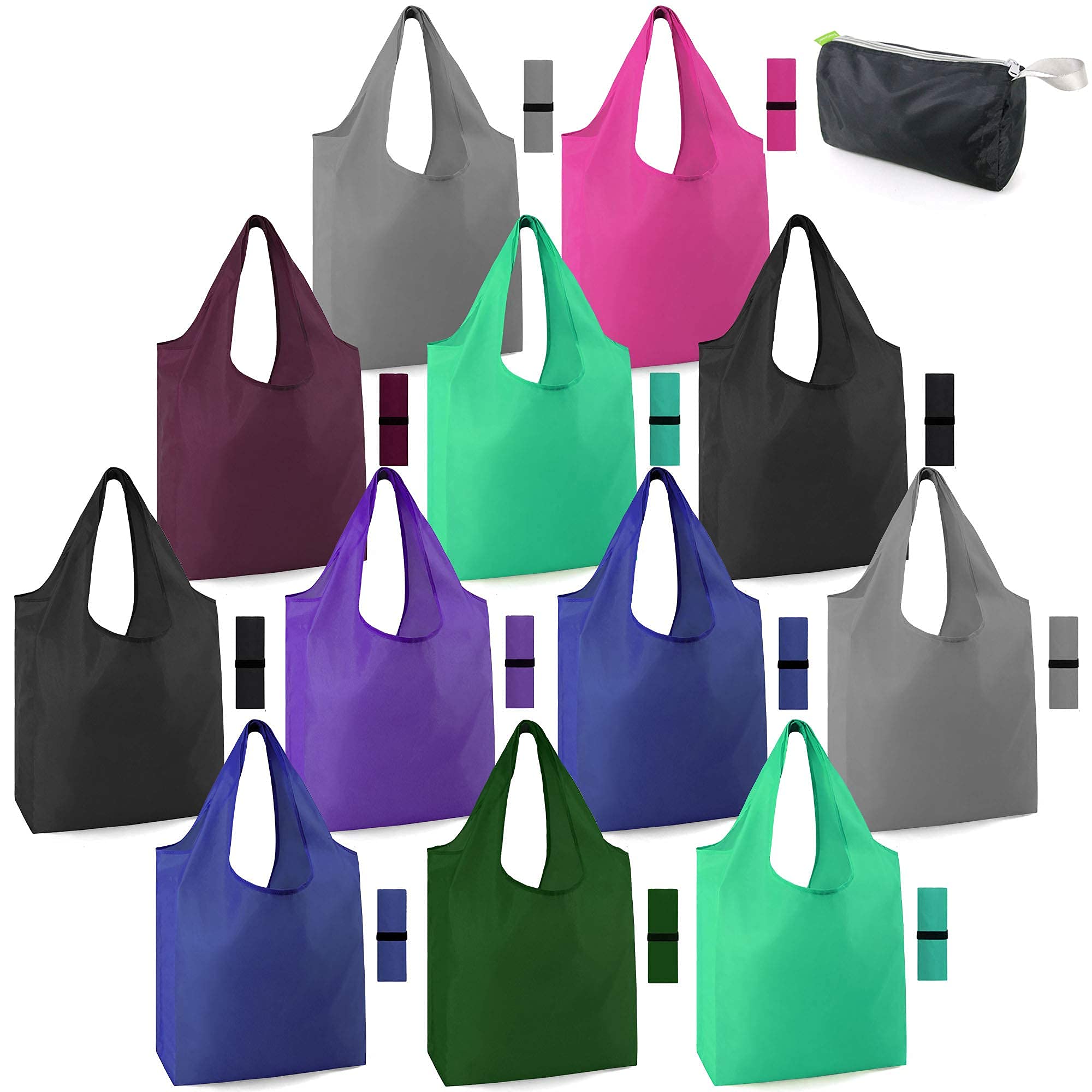 BeeGreen Groceries Reusable Bags Set of 12 for Shopping and Insulated Cooler Bag 1 Pack with Handles Compact Cute Solid Color Cloth Grocery Totes