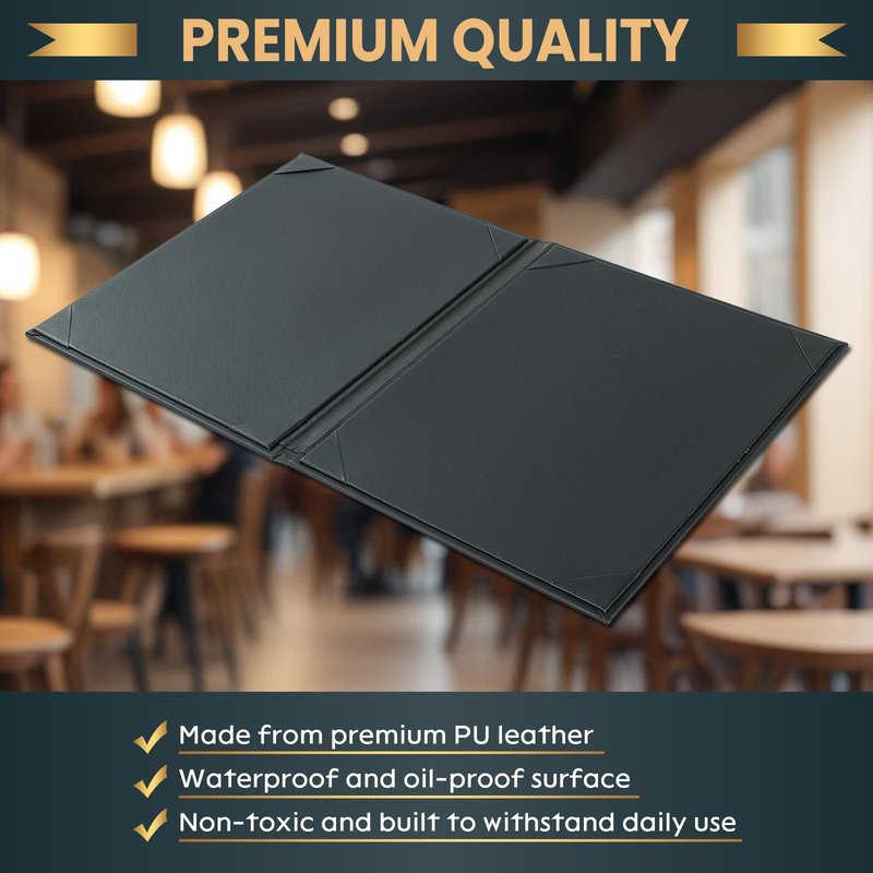 AMGSH Menu Holder 8 View Menu Covers 8.5" x 11" | 5 Pack Black Leather Menu Sleeves Book Style for Restaurant Coffee Bars Wine List (8 View, 5 Pack)