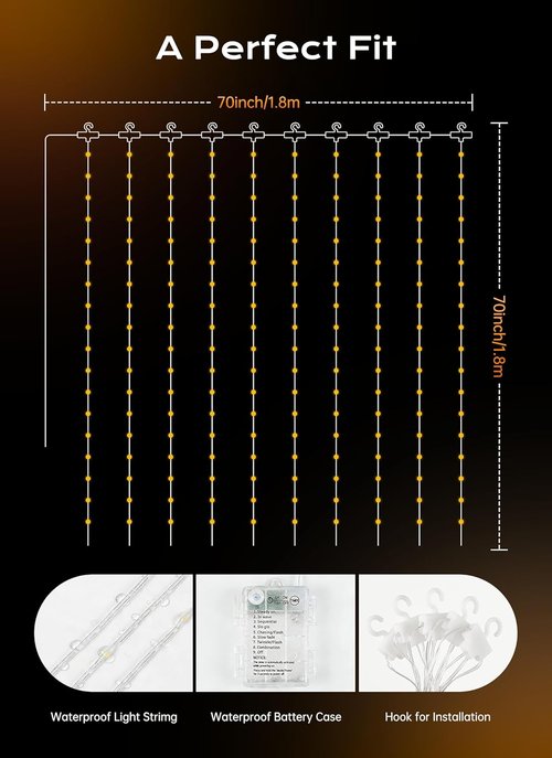 Brightown 180 LED Shower Curtain Fairy Lights - 70 Inch Warm White Waterproof String Lights | 8 Modes for Indoor & Outdoor Decor