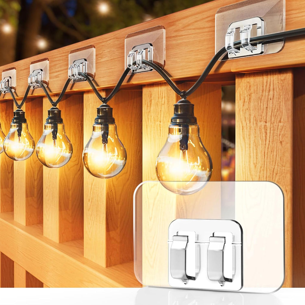 Skiennix Hooks for Outdoor String Lights - 100 Pack with Adhesive Strips | Waterproof & UV-Resistant
