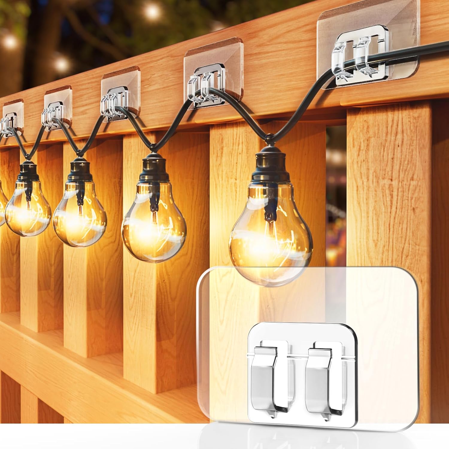 Skiennix Hooks for Outdoor String Lights - 100 Pack with Adhesive Strips | Waterproof & UV-Resistant