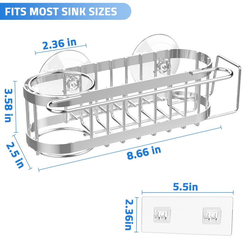 Cisily Kitchen Sink Caddy Sponge Holder in The Sink, Stainless Steel Kitchen Sink Organizer, Brush Holder, Dish Cloth Hanger, Sink Stopper Holder (Suction cup-Silver)