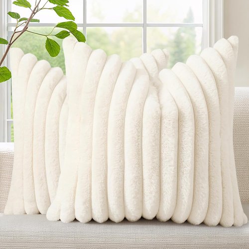 decorUhome Faux Fur Throw Pillow Covers - Set of 2 Soft Plush Striped 18x18 | Modern Farmhouse Cream White