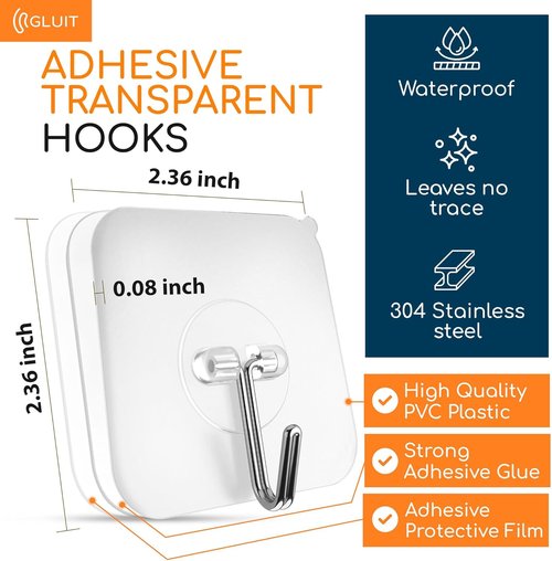 GLUIT Heavy Duty Adhesive Wall Hooks - No Drill, Waterproof, 22 lbs Capacity | 12 Pack for Home & Office
