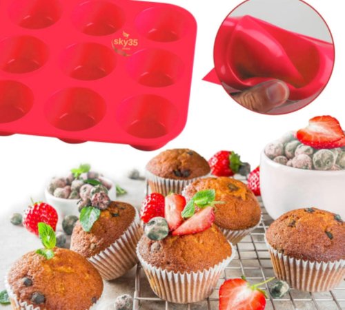 SKY35 12 Cups Silicone Muffin Pan - Set of 3 Pack Regular Size Silicone Mold - Set of 3 Mixed Colors Cake Pan - Cupcake Baking Pan/Non - Stick Mold - Dishwasher - Microwave Safe