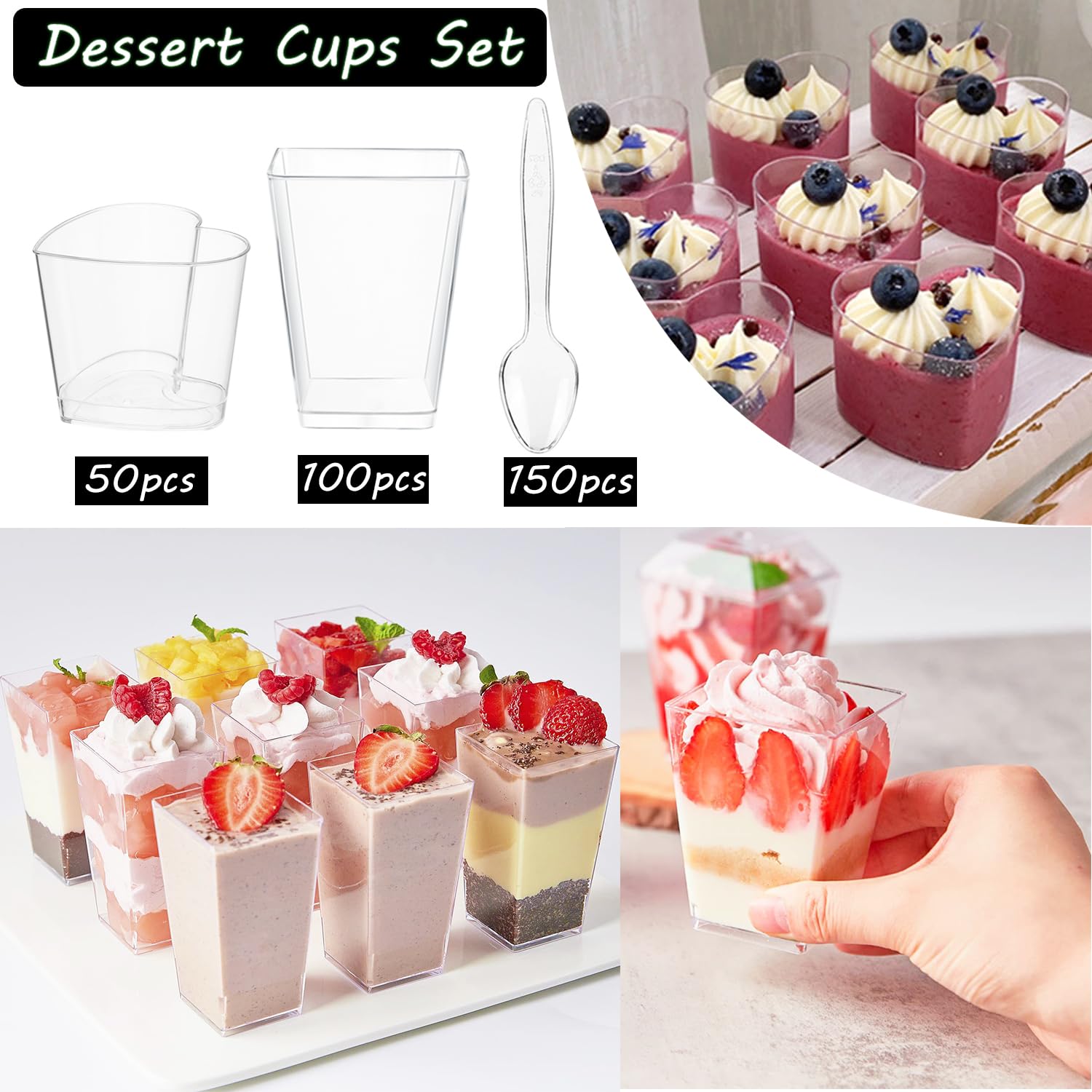 Ahongwenxi 300 Pack Mini Dessert Cups with Spoons, 5 OZ Clear Plastic Dessert Parfait Cup Appetizer Cup for Party, Mini Reusable Square Heart Dessert Cups for Fruit Ice Cream Pudding Cup Bowls