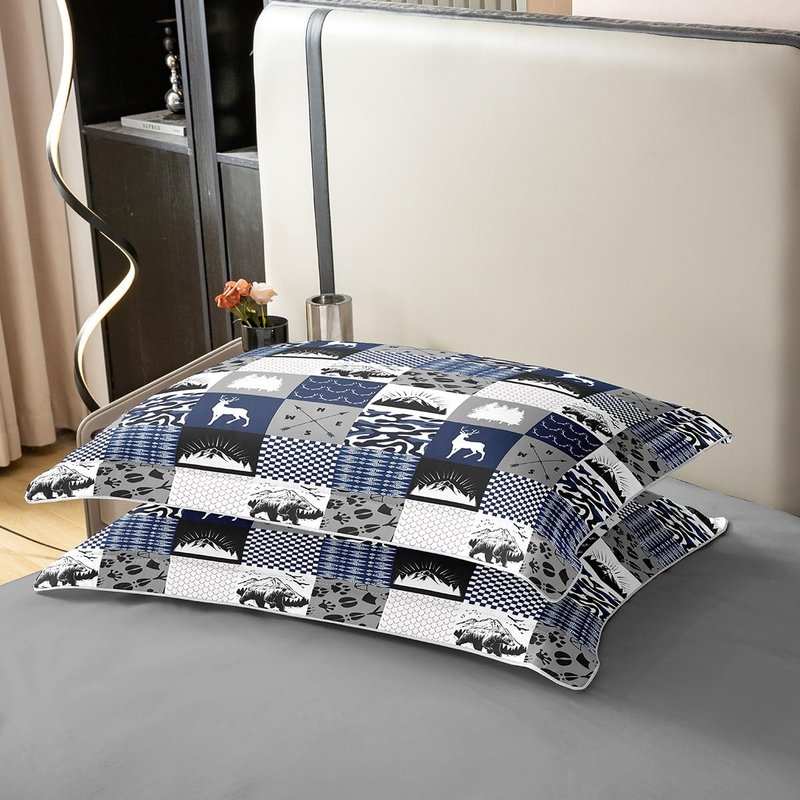 Rustic Farmhouse 100% Cotton Duvet Cover Twin, Retro Woodland Moose Comforter Cover, Country Bear Deer Patchwork Bedding Set, Hunting Wild Animal Plaid Adventure Quilt Cover for Bedroom, Blue Grey