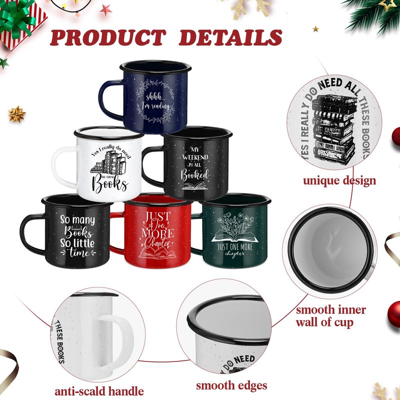 Zhehao 10 Pcs Book Lovers Gifts 12 oz Enamel Mug with Handle Christmas Gift for Teacher Study Mugs Library Coffee Mugs for Women Office Team Coworker Book Club Librarians Reader